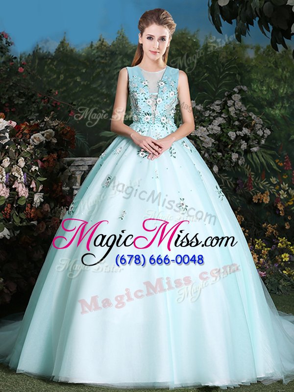 wholesale nice scoop sleeveless beading and appliques lace up vestidos de quinceanera with light blue brush train