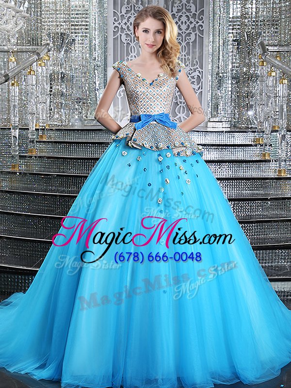 wholesale gorgeous baby blue sleeveless tulle brush train lace up vestidos de quinceanera for military ball and sweet 16 and quinceanera