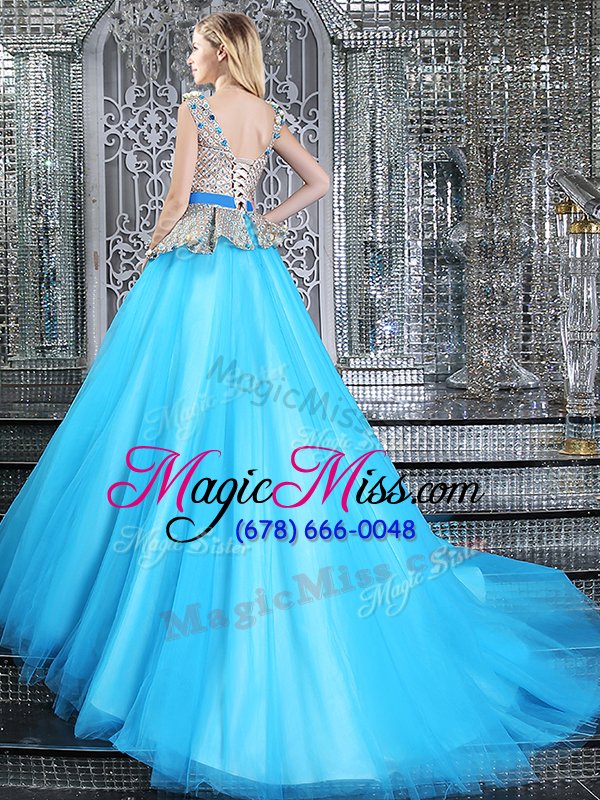 wholesale gorgeous baby blue sleeveless tulle brush train lace up vestidos de quinceanera for military ball and sweet 16 and quinceanera