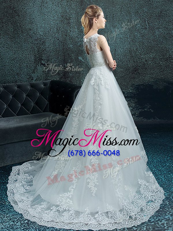 wholesale with train white bridal gown v-neck sleeveless brush train lace up