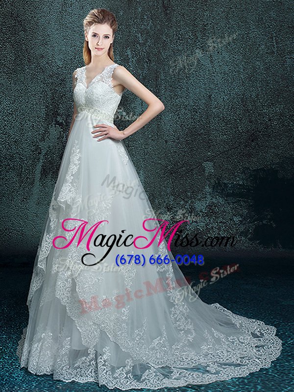 wholesale with train white bridal gown v-neck sleeveless brush train lace up