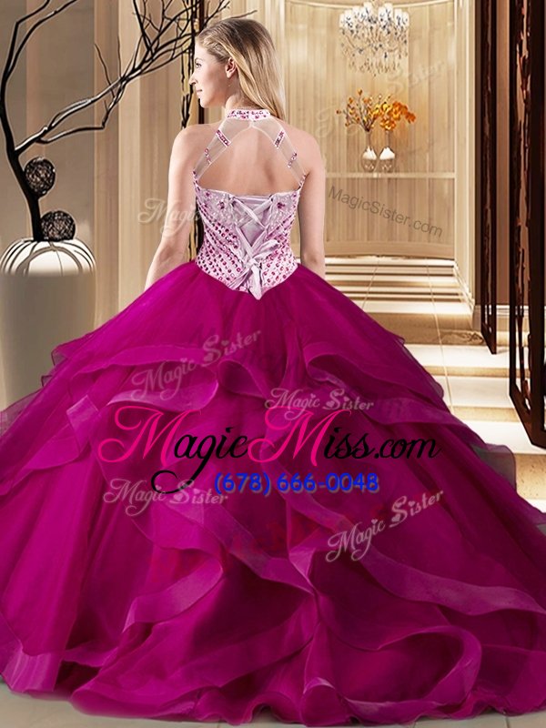 wholesale elegant halter top sleeveless with train beading and ruffles lace up quinceanera gowns with fuchsia brush train