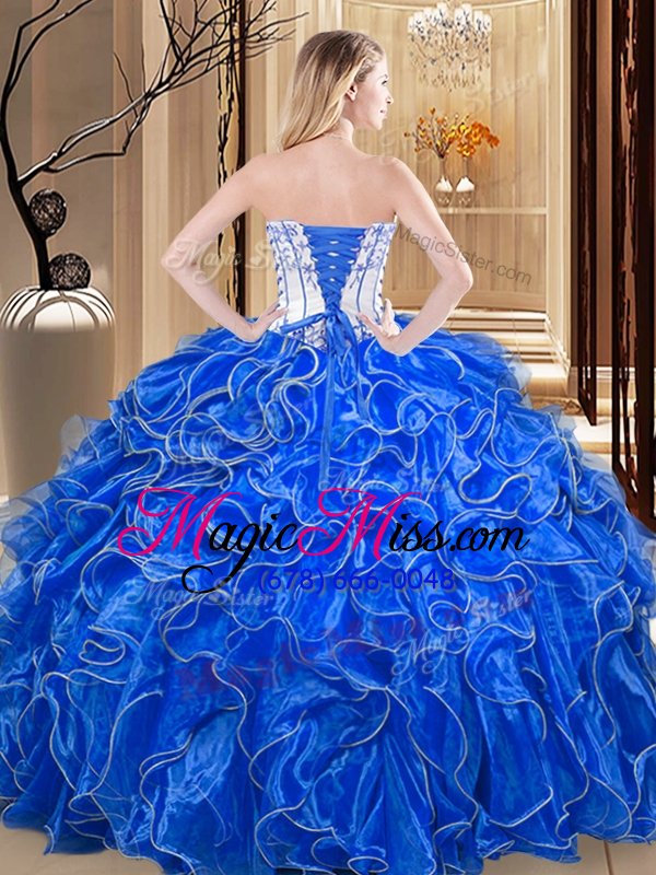 wholesale charming strapless sleeveless organza ball gown prom dress embroidery and ruffles lace up