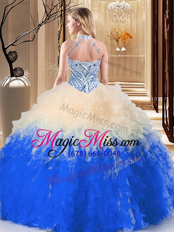 wholesale attractive halter top sleeveless lace up quinceanera dress multi-color tulle