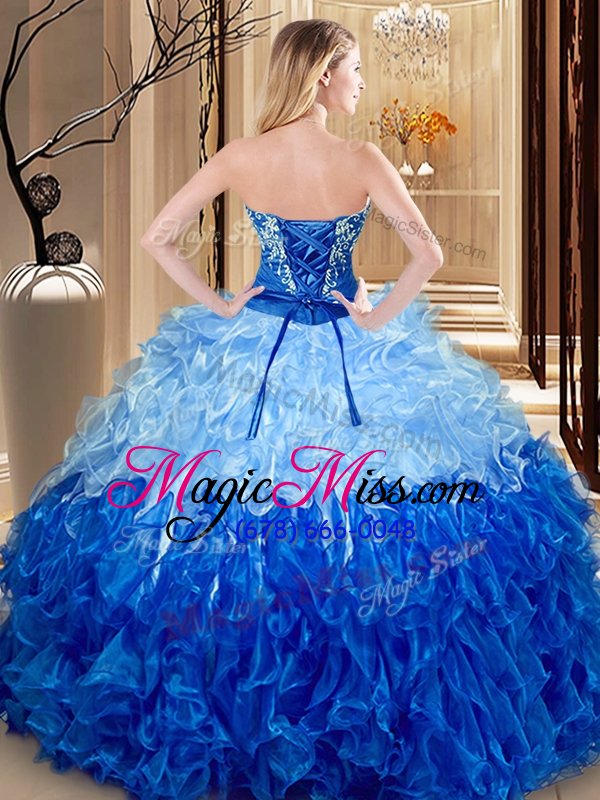 wholesale luxurious embroidery and ruffles 15th birthday dress multi-color and blue and white lace up sleeveless floor length