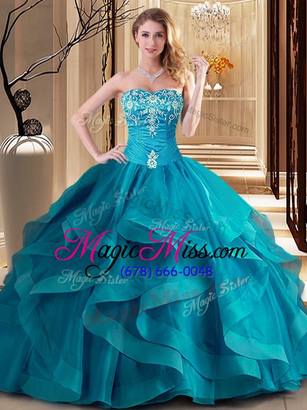 wholesale customized ball gowns quinceanera dress teal sweetheart tulle sleeveless floor length lace up