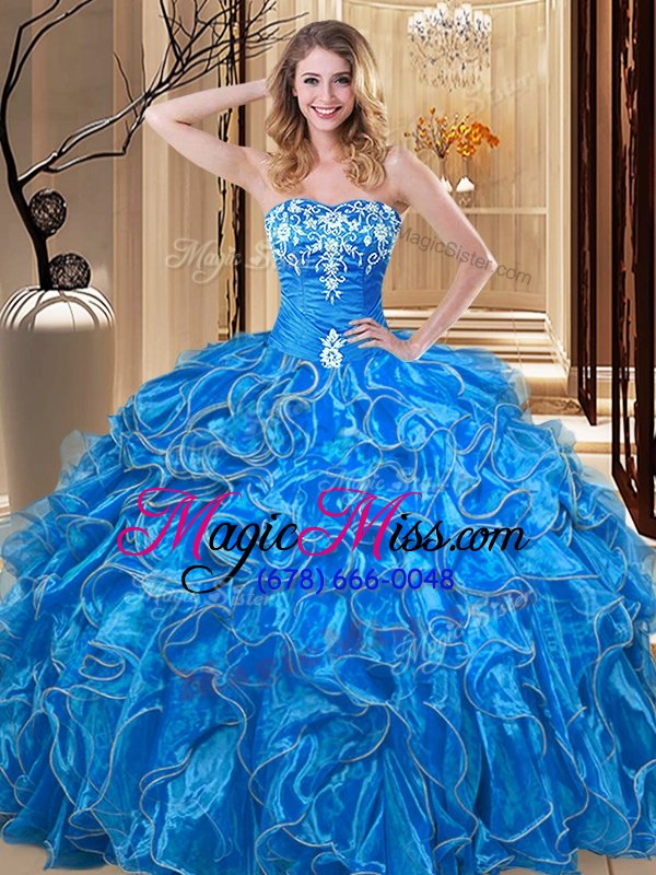 wholesale blue organza lace up sweetheart sleeveless floor length quinceanera gown embroidery and ruffles