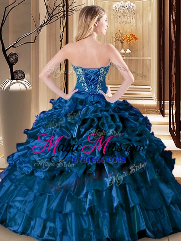 wholesale nice royal blue organza lace up sweetheart sleeveless floor length sweet 16 quinceanera dress embroidery and ruffles