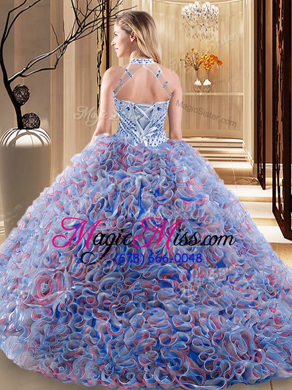 wholesale romantic halter top sleeveless brush train lace up with train beading quinceanera dresses