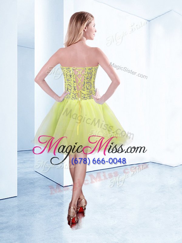 wholesale hot sale yellow green sleeveless beading knee length evening dress