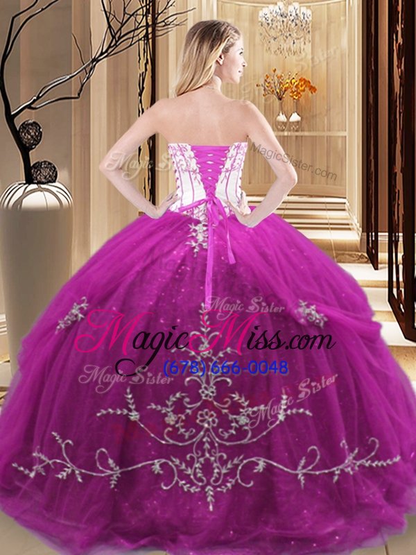 wholesale fuchsia ball gowns tulle strapless sleeveless embroidery floor length lace up sweet 16 quinceanera dress